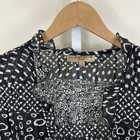 Y2K Notations Sheer Ruffle Tie Blouse 1X Black White Abstract Patchwork Witchy - Picture 6 of 6